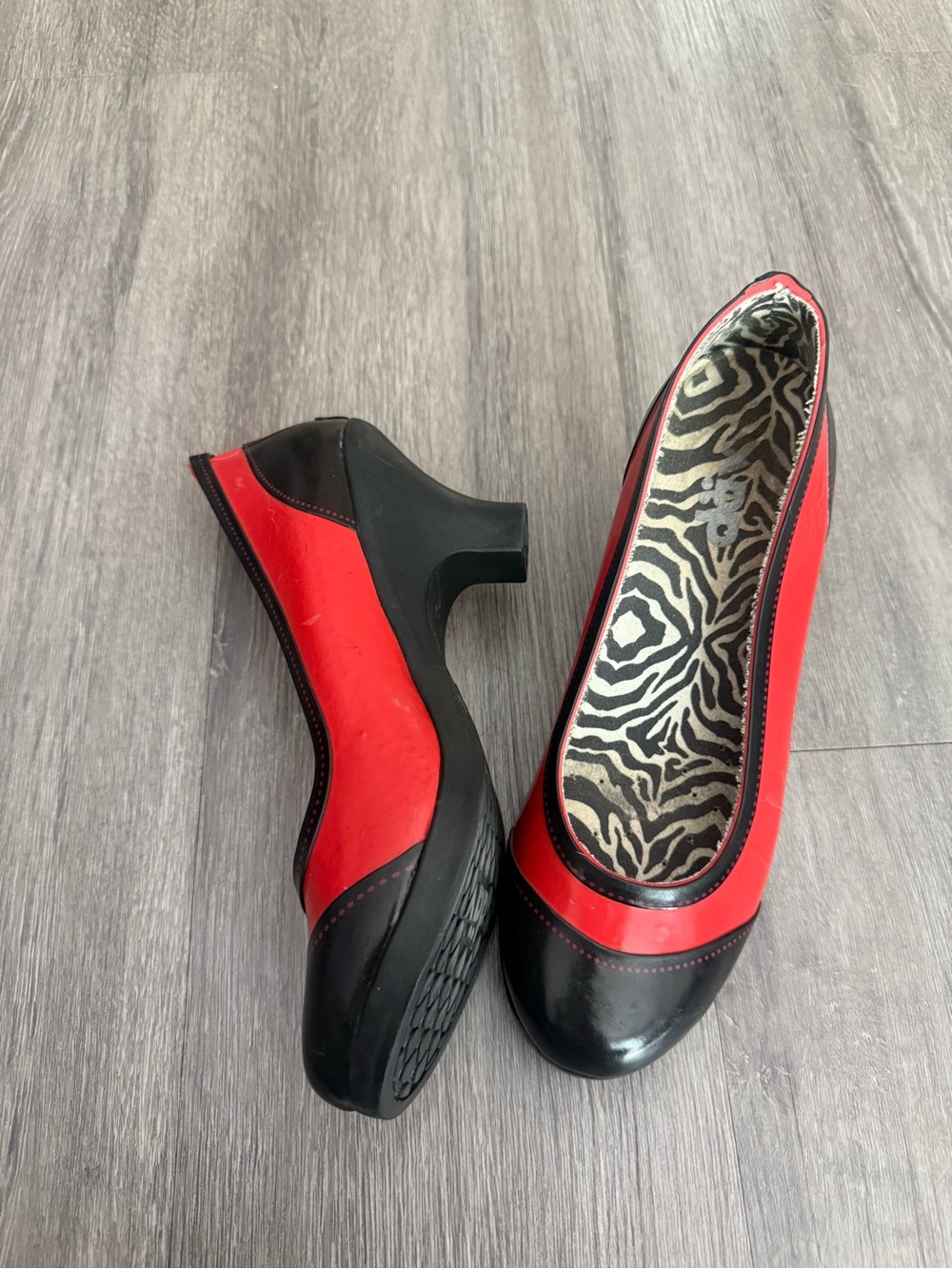 Red and Black Low Block Heel Pumps with Zebra Insole Pinup Girl Officewear
